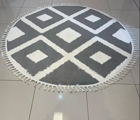 Round grey and ivory diamond tasselled rug